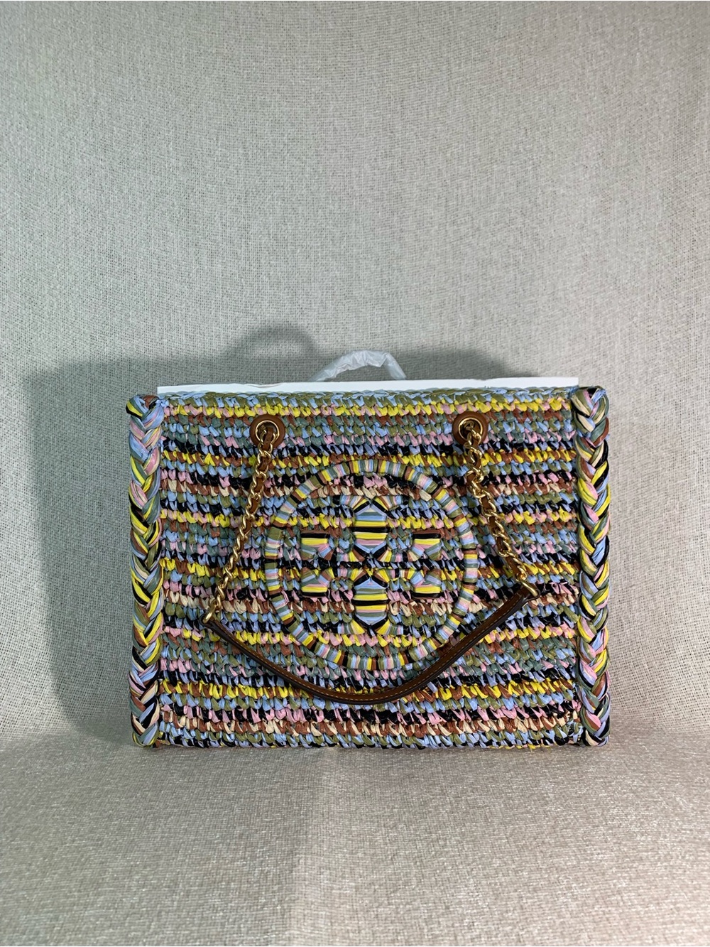 Tory Burch Ella Raffia Melange Multicolor Small Chain Tote - Picture 2 of 16